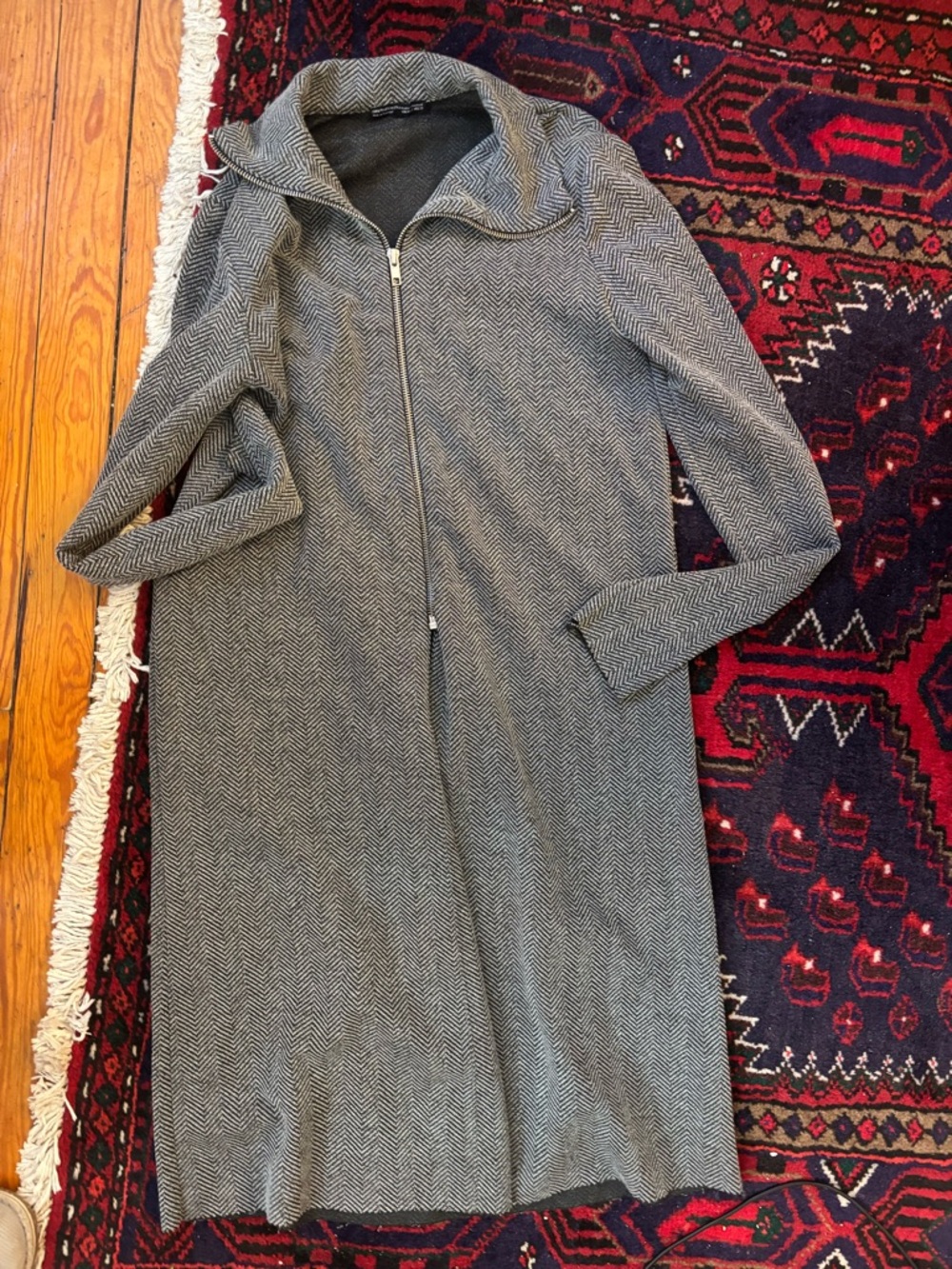 Zara Grey Herringbone Zip-Front Long Cardigan